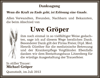 Traueranzeige von Uwe Gröper von Wochenspiegel Mansfelder Land
