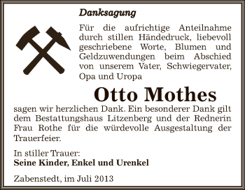 Traueranzeige von Otto Mothes von Wochenspiegel Mansfelder Land