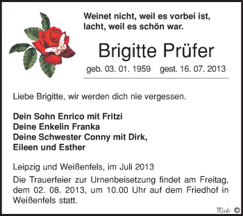 Traueranzeige von Brigitte Prüfer von WVG - Wochenspiegel NMB / WSF / ZTZ