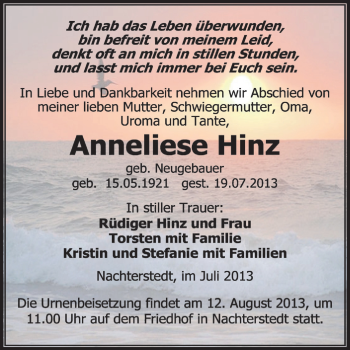 Traueranzeige von Anneliese Hinz von WVG - Wochenspiegel Aschersleben