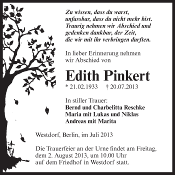 Traueranzeige von Edith Pinkert von WVG - Wochenspiegel Aschersleben