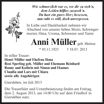 Traueranzeige von Anni Müller von WVG - Wochenspiegel Aschersleben