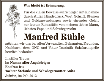 Traueranzeige von Manfred Rühle von WVG - Wochenspiegel Bitterfeld