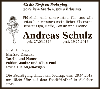 Traueranzeige von Andreas Schulz von WVG - Wochenspiegel Bernburg