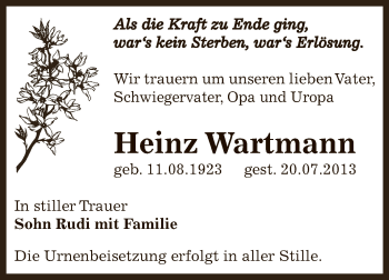 Traueranzeige von Heinz Wartmann von Super Sonntag Bernburg
