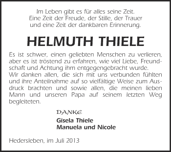 Traueranzeige von Helmuth Thiele von WVG - Wochenspiegel Quedlinburg