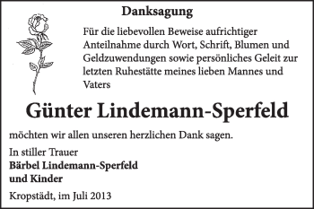 Traueranzeige von Günter Lindemann-Sperfeld von Super Sonntag Wittenberg