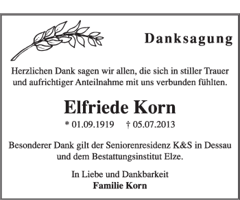 Traueranzeige von Elfriede Korn von Super Sonntag Dessau / Köthen