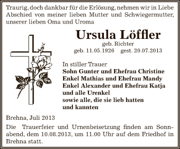 Traueranzeige von Ursula Löffler von WVG - Wochenspiegel Bitterfeld