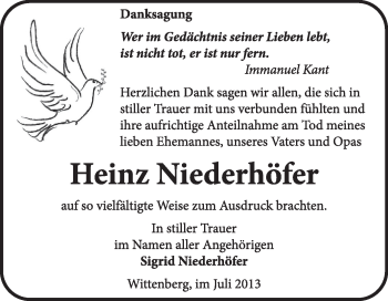 Traueranzeige von Heinz Niederhöfer von Super Sonntag Wittenberg