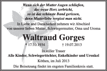 Traueranzeige von Waltraud Gorges von Super Sonntag Dessau / Köthen