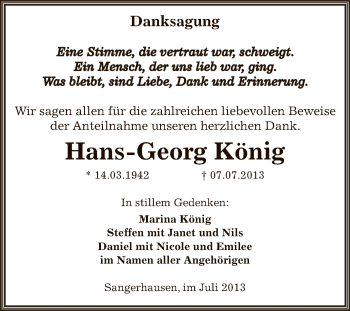 Traueranzeige von Hans-Georg König von Super Sonntag SGH Mansf. Land
