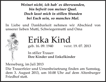 Traueranzeige von Erika Kind von Super Sonntag Merseburg