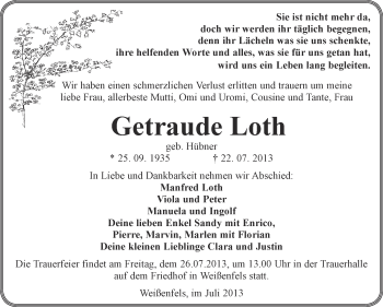 Traueranzeige von Getraude Loth von WVG - Wochenspiegel NMB / WSF / ZTZ