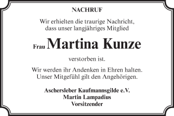 Traueranzeige von Martina Kunze von Super Sonntag Aschersleben