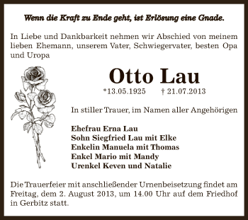 Traueranzeige von Otto Lau von Super Sonntag Bernburg