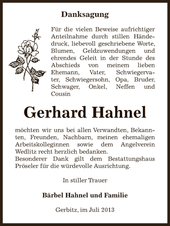 Traueranzeige von Gerhard Hahnel von Super Sonntag Bernburg