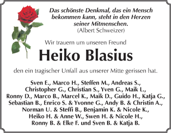 Traueranzeige von Heiko Blasius von WVG - Wochenspiegel Aschersleben
