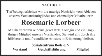 Traueranzeige von Rosemarie Lorbeer von Super Sonntag Quedlinburg