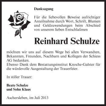 Traueranzeige von Reinhard Schulze von WVG - Wochenspiegel Aschersleben