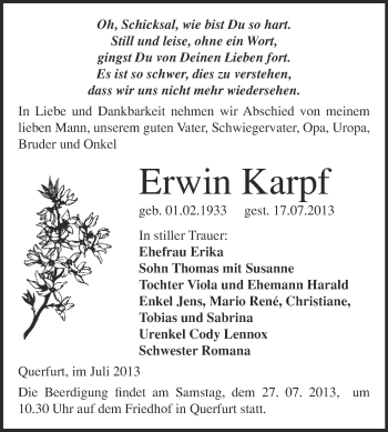Traueranzeige von Erwin Karpf von WVG - Wochenspiegel Merseburg