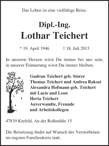 Traueranzeige von Lothar Teichert von WVG - Wochenspiegel Merseburg