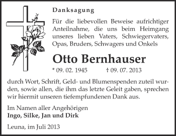 Traueranzeige von Otto Bernhauser von Super Sonntag Merseburg