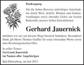 Traueranzeige von Gerhard Jauernick von Super Sonntag Merseburg