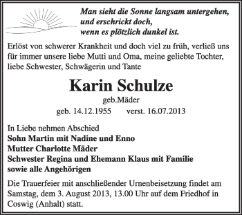 Traueranzeige von Karin Schulze von Super Sonntag Wittenberg