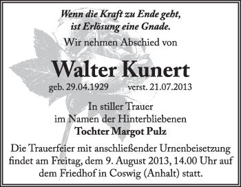 Traueranzeige von Walter Kunert von Super Sonntag Wittenberg