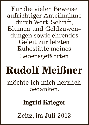 Traueranzeige von Rudolf Meißner von Super Sonntag Zeitz