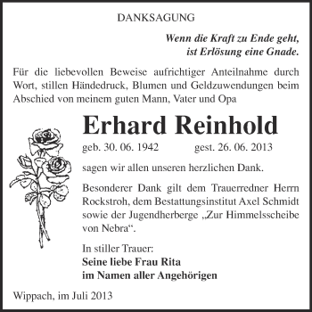 Traueranzeige von Erhard Reinhold von WVG - Wochenspiegel NMB / WSF / ZTZ