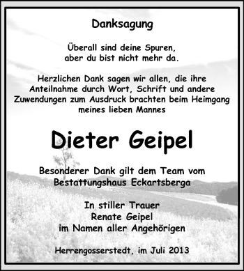Traueranzeige von Dieter Geipel von WVG - Wochenspiegel NMB / WSF / ZTZ