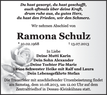 Traueranzeige von Ramona Schulz von Super Sonntag Dessau / Köthen