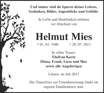 Traueranzeige von Helmut Mies von Super Sonntag Merseburg