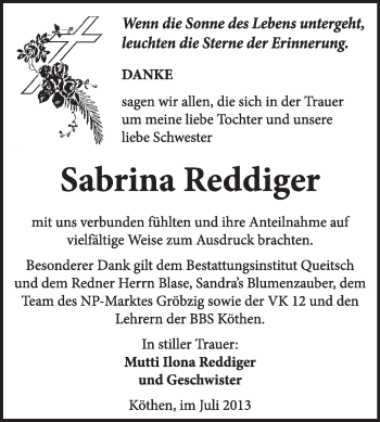 Traueranzeige von Sabrina Reddiger von Super Sonntag Dessau / Köthen