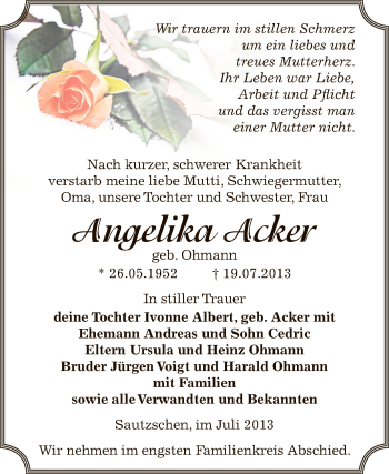 Traueranzeige von Angelika Acker von Super Sonntag Zeitz