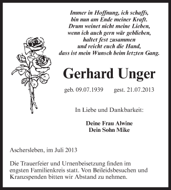 Traueranzeige von Gerhard Unger von WVG - Wochenspiegel Aschersleben