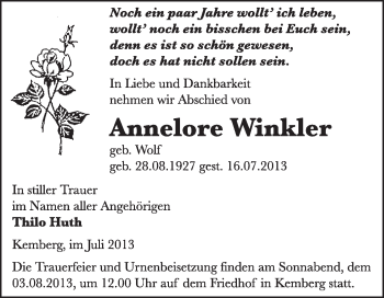 Traueranzeige von Annelore Winkler von WVG - Wochenspiegel Wittenberg
