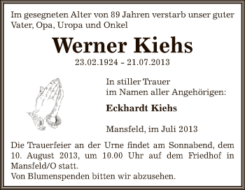 Traueranzeige von Werner Kiehs von Wochenspiegel Mansfelder Land
