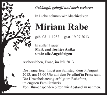 Traueranzeige von Miriam Rabe von Super Sonntag Aschersleben