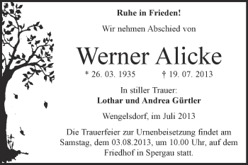 Traueranzeige von Werner Alicke von Super Sonntag Merseburg