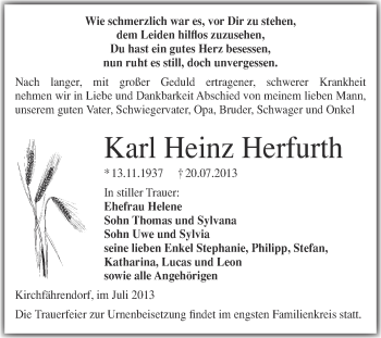 Traueranzeige von Karl Heinz Herfurth von Super Sonntag Merseburg