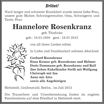 Traueranzeige von Hannelore Rosenkranz von Super Sonntag SGH Mansf. Land