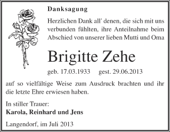 Traueranzeige von Brigitte Zehe von Super Sonntag Merseburg