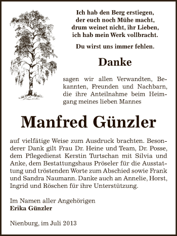 Traueranzeige von Manfred Günzler von Super Sonntag Bernburg
