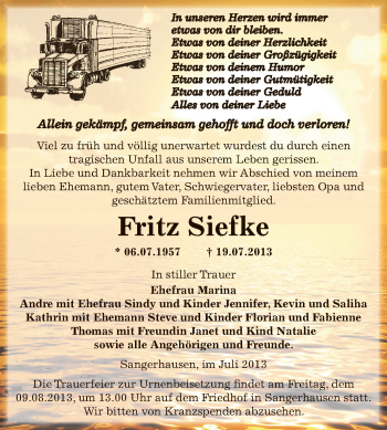Traueranzeige von Fritz Siefke von WVG - Wochenspiegel SGH