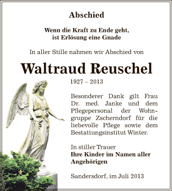 Traueranzeige von Waltraud Reuschel von WVG - Wochenspiegel Bitterfeld