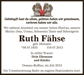 Traueranzeige von Ruth Fähse von WVG - Wochenspiegel Dessau / Köthen