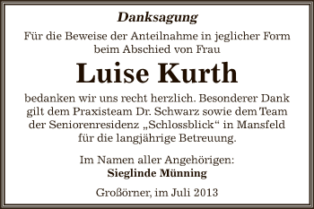Traueranzeige von Luise Kurth von Wochenspiegel Mansfelder Land
